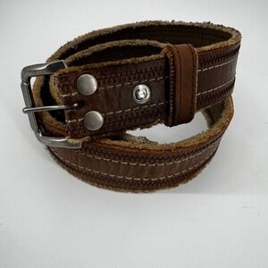 BKE Men Brown Leather Canvas Frayed Distressed Belt 38 Buckle Snap Grunge Rustic